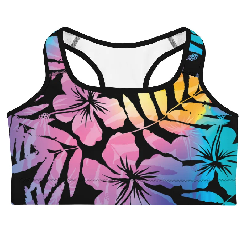 Women's Medium Impact Sports Bra A-C, Black Ombre Hawaiian Hibiscus Cotton Comfort Bra