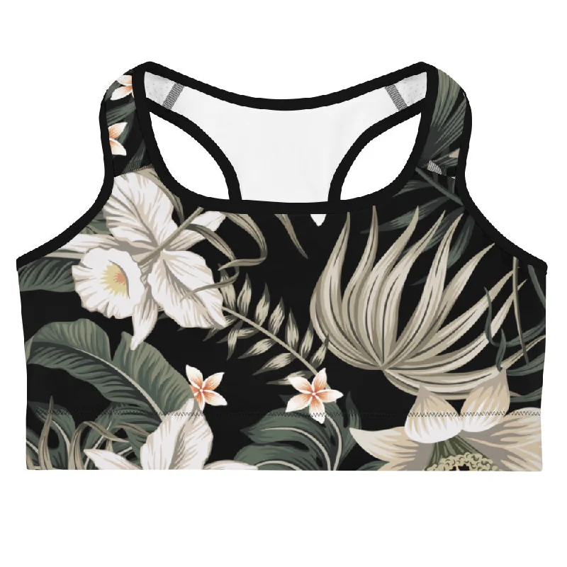 Women's Medium Impact Sports Bra, A-C Cup - Black Hawaiian Lily Lace Back Bra