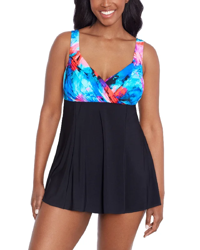 2024 Longitude Paint Trip Crossover Draped Long Torso Swim Dress - L242722 Plunge Neckline Swimsuit