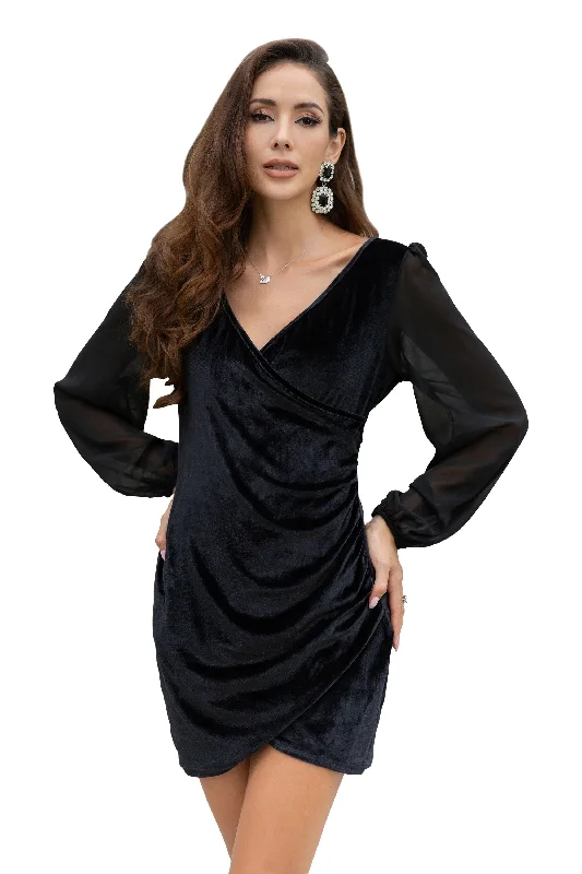 Women Asymmetrical Velvet V-Neck Sheer Chiffon Sleeve Mini Dresses Cozy T-Shirt Mini Dress