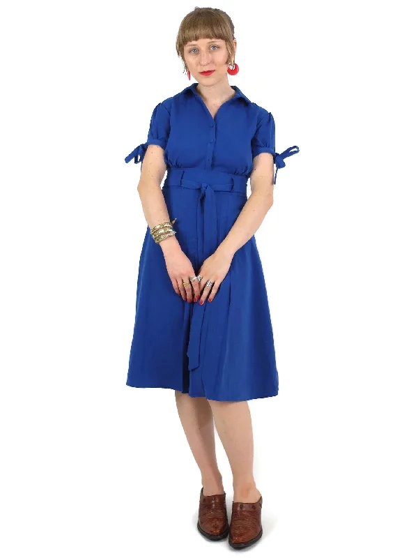 80s does 50s Pinup Style Puff Short Sleeve Bright Blue Fit and Flare Collared Circle Midi Dress with Ties Trendy Bodycon Midi Dress