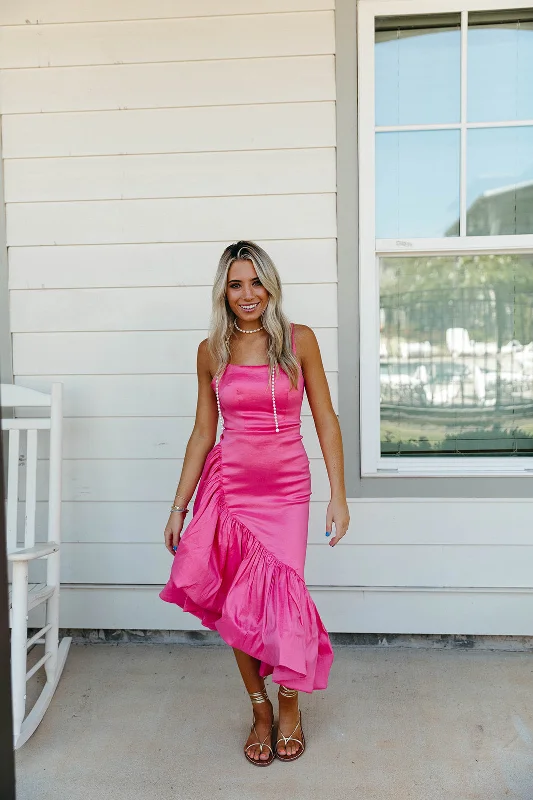 Addison Midi Dress - Pink Stylish Tiered Midi Dress