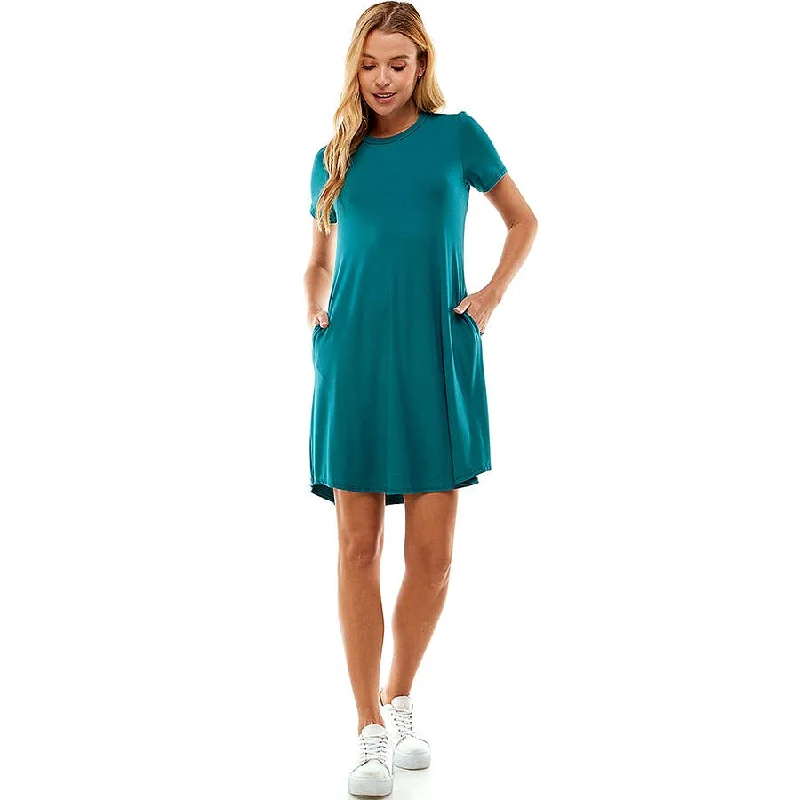 Crew Neck Short Sleeve Pockets Mini Dress in Emerald Comfortable Wrap Mini Dress