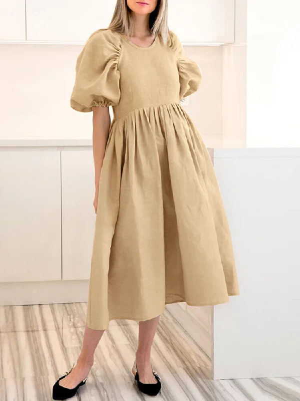 Back Zipper Pleated Puff Sleeve O-neck Ed Pockets Women Midi Dress Comfortable Adjustable Strap Midi Dress