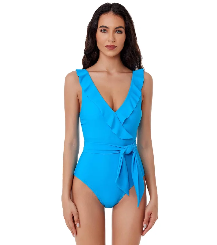 BCA by Rebecca Virtue Women's Ruffle Romance Neck One Piece Swimsuit Turquoise Chic Bikini Set