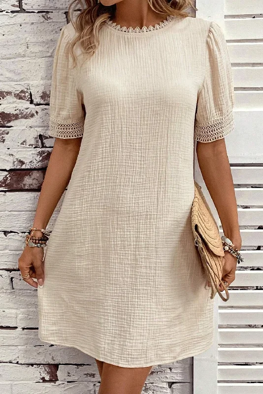 Creme Beige Puff Sleeve 100% Cotton Womens Mini Dress Stylish Summer Mini Dress