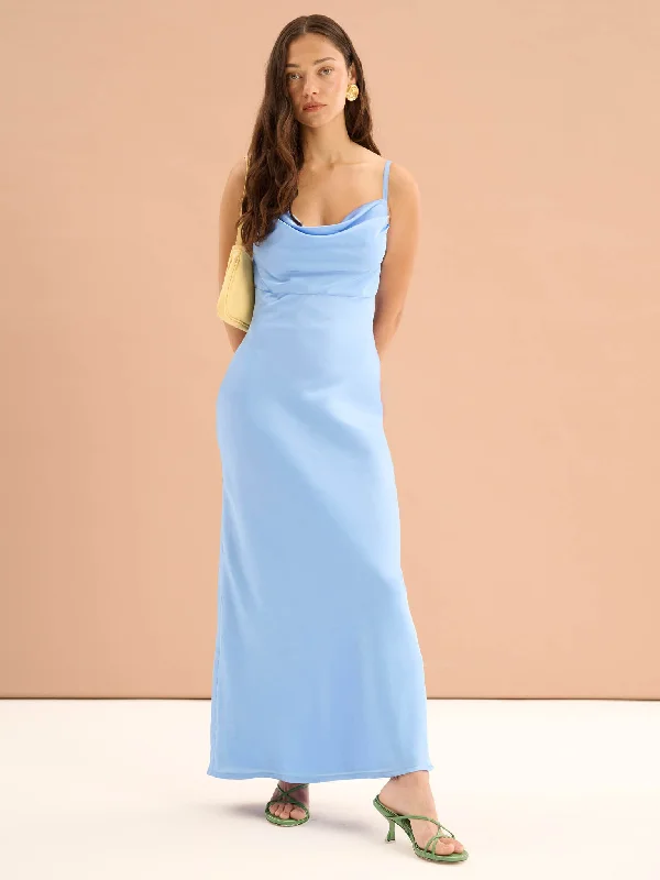 Belle Midi Dress in Light Blue Elegant Satin Button Midi Dress