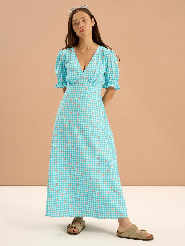 Beverley Floral Gingham Printed Frill Cuff Midi Dress in Blue Chic Bohemian Midi Dress