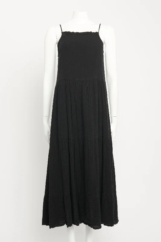 Black Cotton Preowned Tiered Midi Dress Trendy Ruffled Sleeve Midi Dress