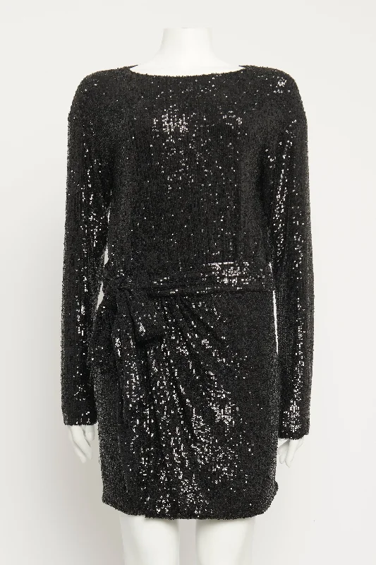 Black Sequin Wrap Preowned Mini Dress Comfortable Shift Mini Dress