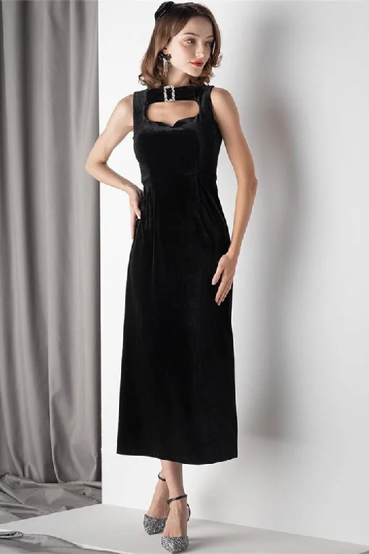 Black Velvet Midi Dress Elegant Pleated Sleeve Midi Dress