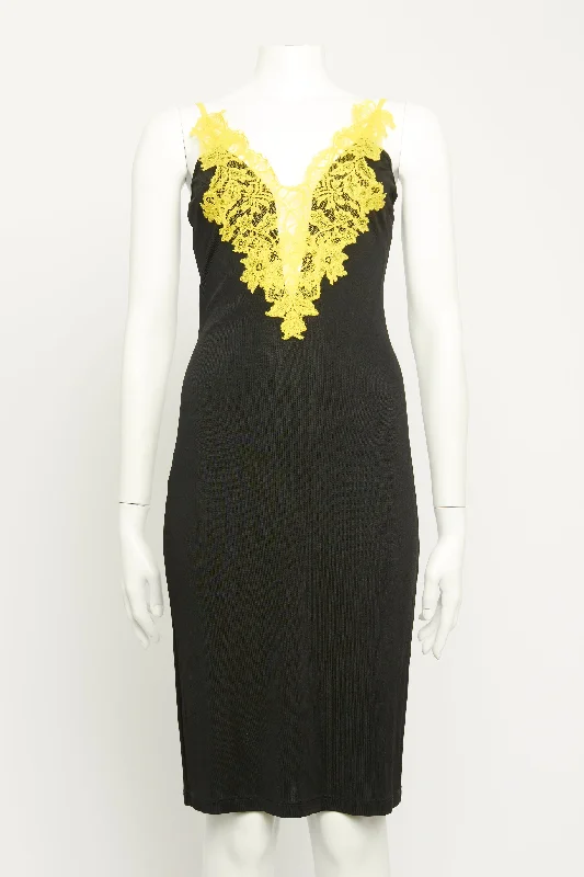 Black Viscose Preowned V-Neck Lace Embroidered Midi Dress Fashionable One-Shoulder Midi Dress