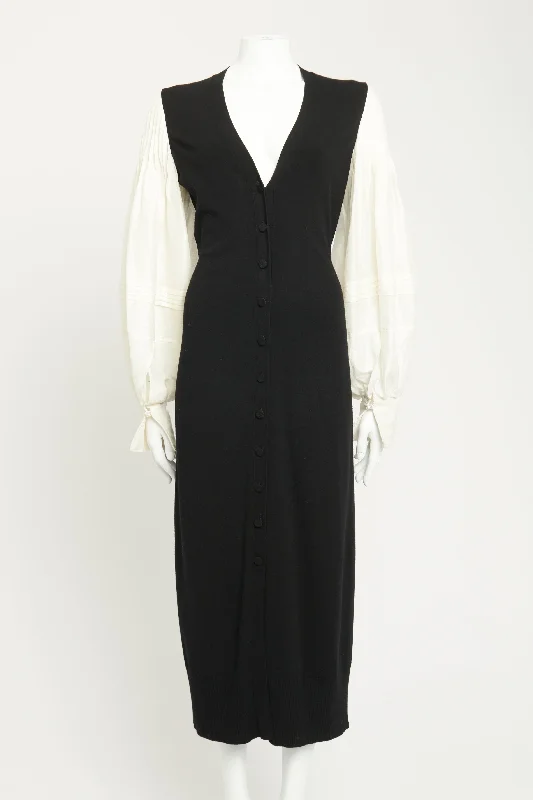 Black & White Linen Preowned Harmonia Pintucked Midi Dress Stylish Color Block Midi Dress