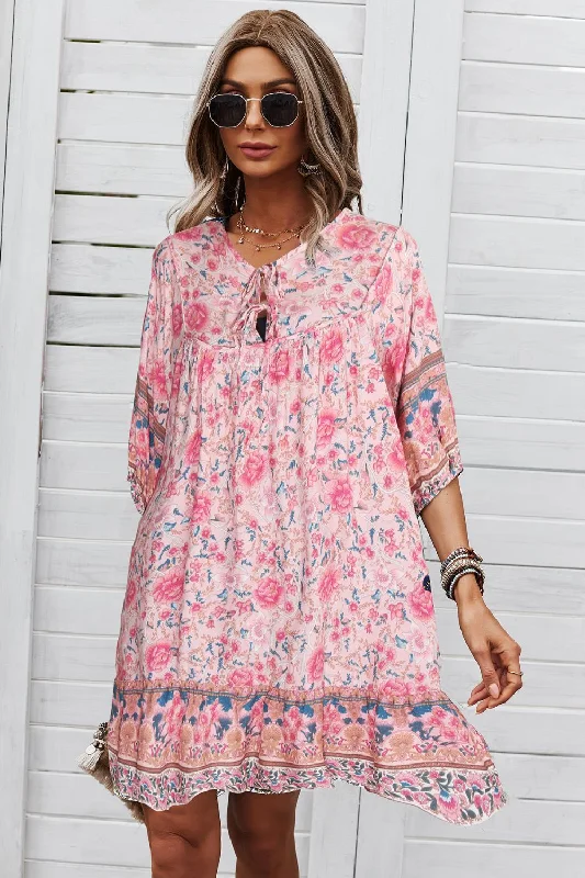 Bohemian Tie Neck Mini Dress Chic Puff Sleeve Mini Dress