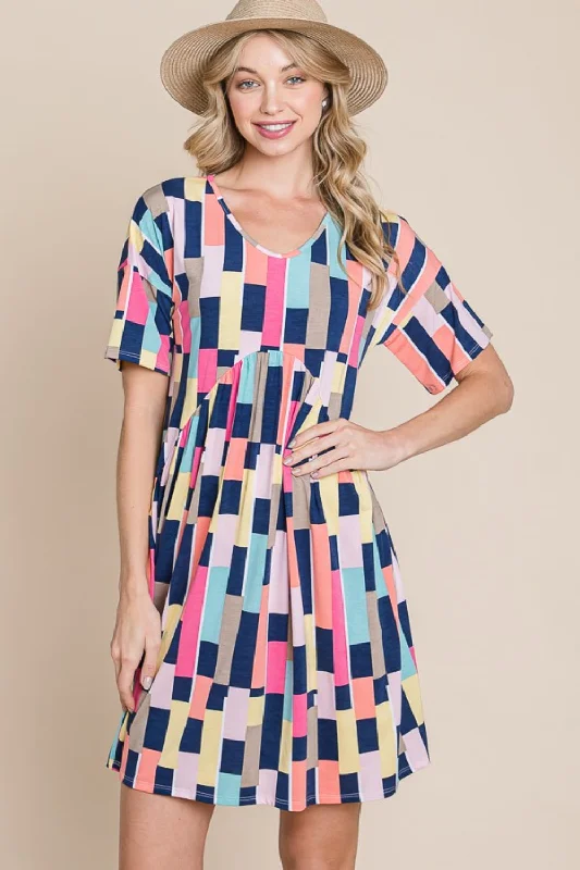 BOMBOM Ruched Color Block Short Sleeve Mini Dress Comfortable Linen Mini Dress