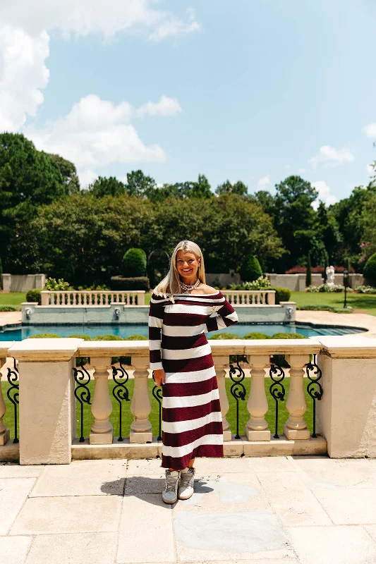 Boston Striped Midi Dress - Burgundy/Off White Comfortable Floral Print Midi Dress