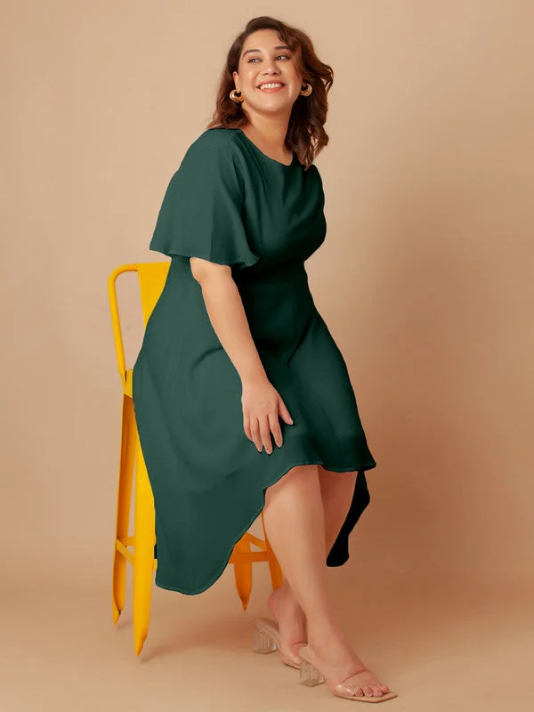 Bottle Green Solid Flared Midi Dress Fashionable Wide Leg Midi Dress