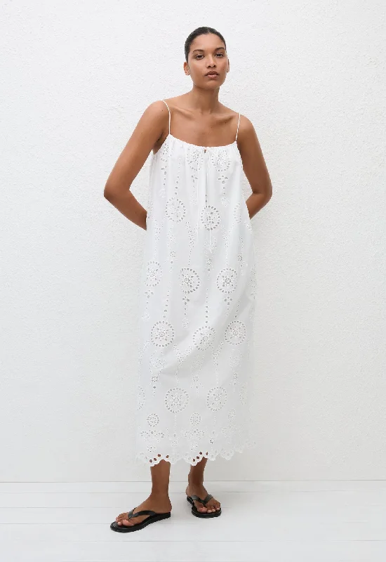 Broderie Cami Midi Dress - White Trendy Off-Shoulder Button Midi Dress