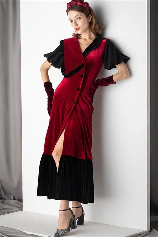 Burgundy and Black Velvet Midi Dress Fashionable High-Neck Midi Dress