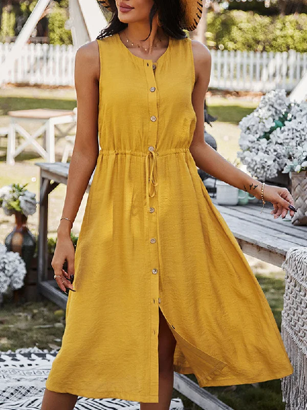 Button Drawstring O-neck Pure Color Sleeveless Casual Women Midi Dress Chic Bohemian Midi Dress