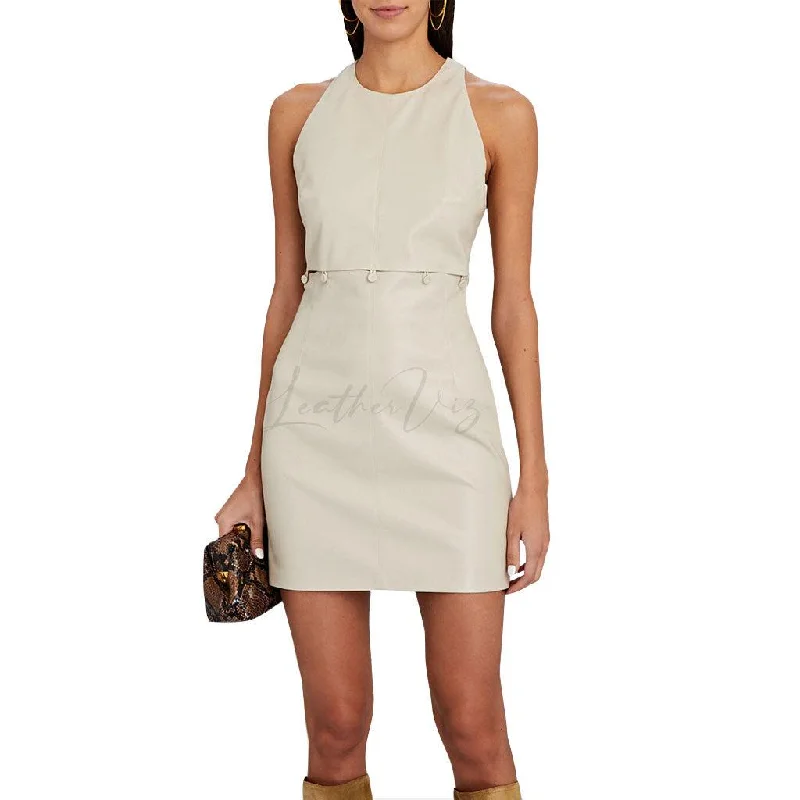 BUTTONED WAIST WOMEN WHITE LEATHER MINI DRESS Elegant Mini Dress with Ruffles