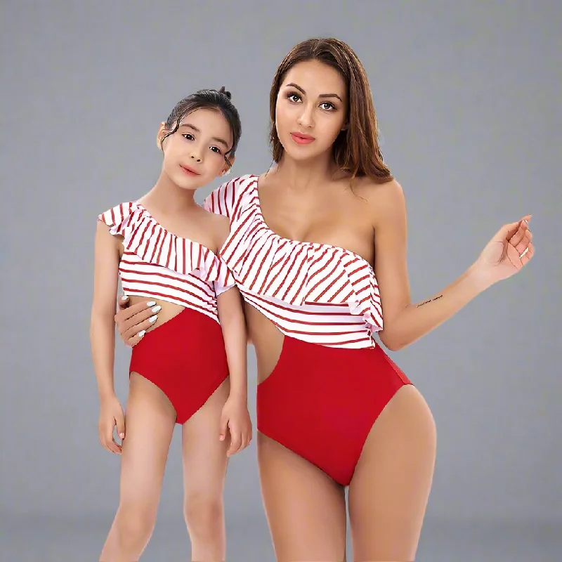 Chic One-Shoulder Striped Ruffle Swimsuit for Women and Girls - Elegant Monokini with Side Tie Beach Ready Swimsuit