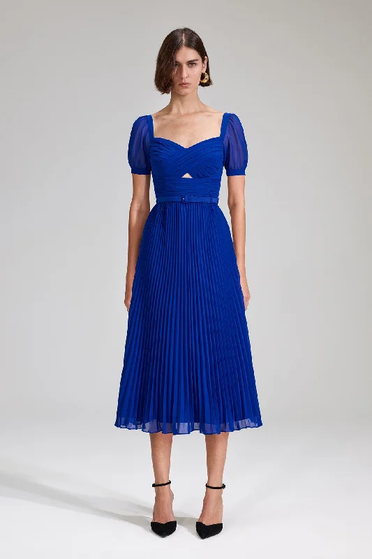 Cobalt Chiffon Midi Dress Stylish Off-Shoulder Ruffle Dress