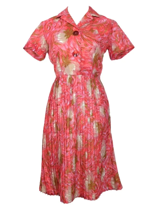 Vintage 60s Mod Chic Bright Pink Floral Short Sleeve Collared Button Down Fit & Flare Pleated A-Line Midi Dress | Size S-M Trendy Tiered Hem Midi Dress