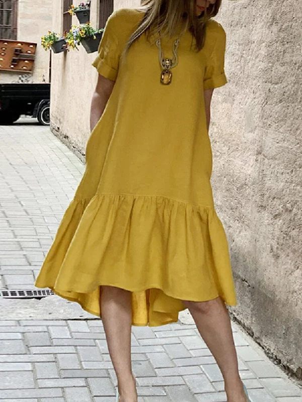 Cotton Pure Color Ruffles Round Neck Short Sleeve Casual Women Midi Dress Stylish Off-Shoulder Ruffle Dress