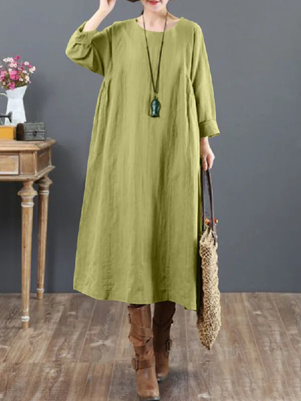 Cotton Solid Tie Back Round Neck Long Sleeve Casual Women Midi Dress Fashionable Skater Midi Dress