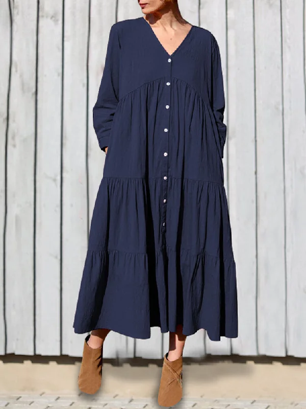 Cotton V-neck Button Front Long Sleeve Casual Layered Women Midi Dress Trendy Ruffle Hem Midi Dress