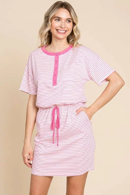 Culture Code Full Size Striped Short Sleeve Mini Dress with Pockets Classic Floral Mini Dress