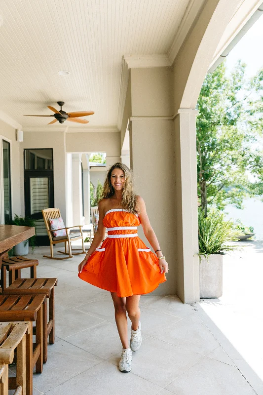 Danica Mini Dress - Orange/White Elegant Mini Dress with Ruffles