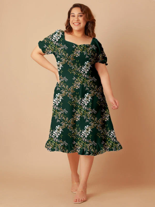 Dark Green Tropical Print A-Line Midi Dress Stylish Off-Shoulder Ruffle Dress