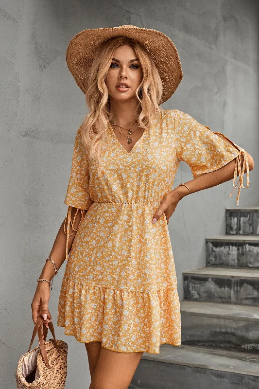 Ditsy Floral V-Neck Half Sleeve Mini Dress Cozy Jersey Mini Dress