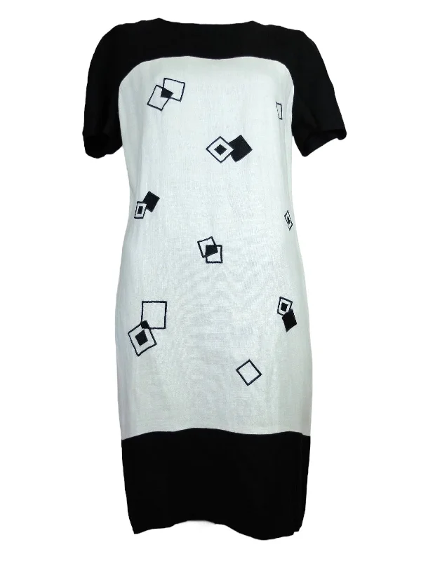 Vintage 90s Liz Claiborne Black & White Geometric Square Patterned Short Sleeve Below-the-Knee Midi Dress | Size S-M Elegant Velvet Midi Dress