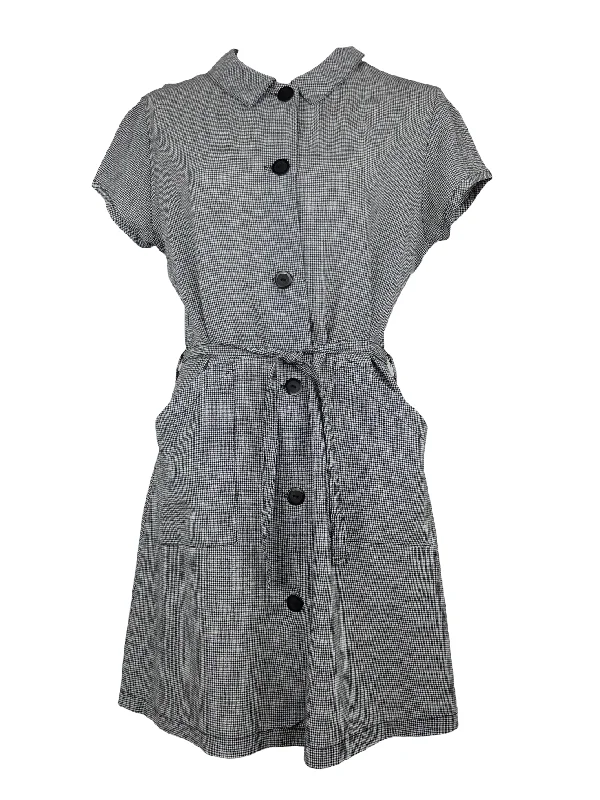 Vintage 2000s Y2K Feminine Chic Casual Black & White Gingham Check Print Collared Button Down Midi Dress with Belt Tie | Size M Trendy Floral Wrap Midi Dress