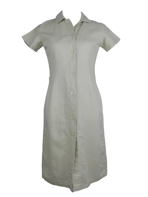 Vintage 90s Basic Solid Cream Tan Linen Blend Collared Short Sleeve Button Down Casual Summer Midi Dress | Size S Fashionable High-Neck Midi Dress