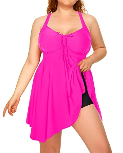 Flattering Ruched Plus Size Two Piece Swimdress Beach Cover Up Dresses-Neon Pink And Black Swim Dress with Belt