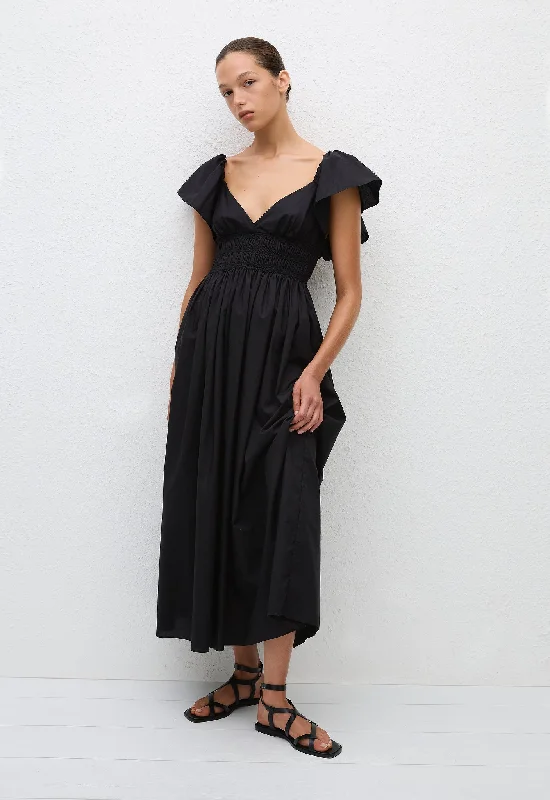 Flutter Sleeve Midi Dress - Black Elegant Satin Midi Dress