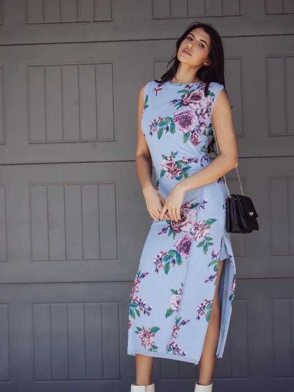 Free People Carmel Midi Dress - Blue Floral Chic Floral Print Midi Dress