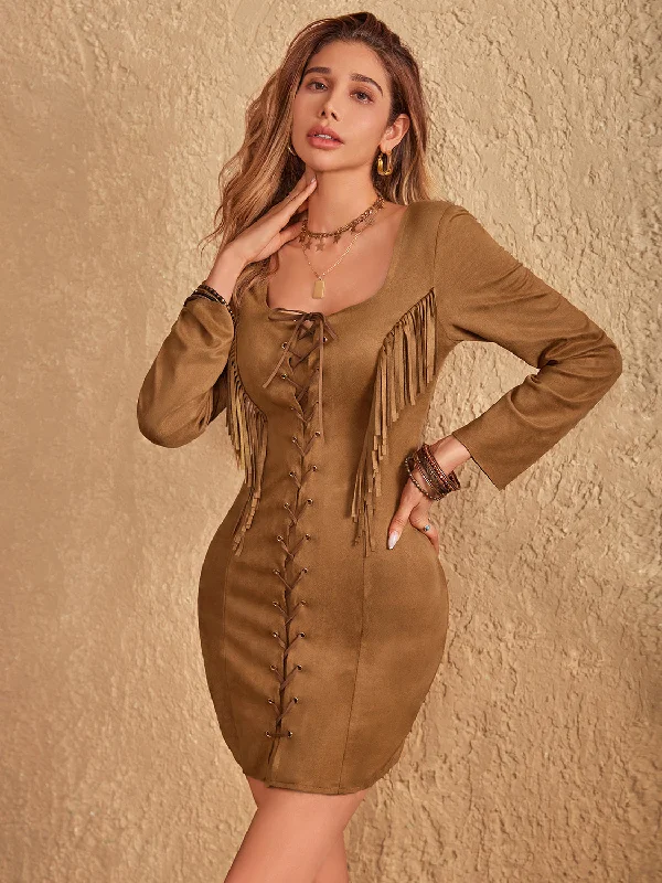 Fringe Lace Up Square Neck Long Sleeve Mini Dress Chic Pleated Mini Dress