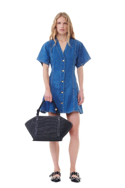 Ganni - Blue Polka Dot Denim Mini Dress Comfortable Linen Mini Dress