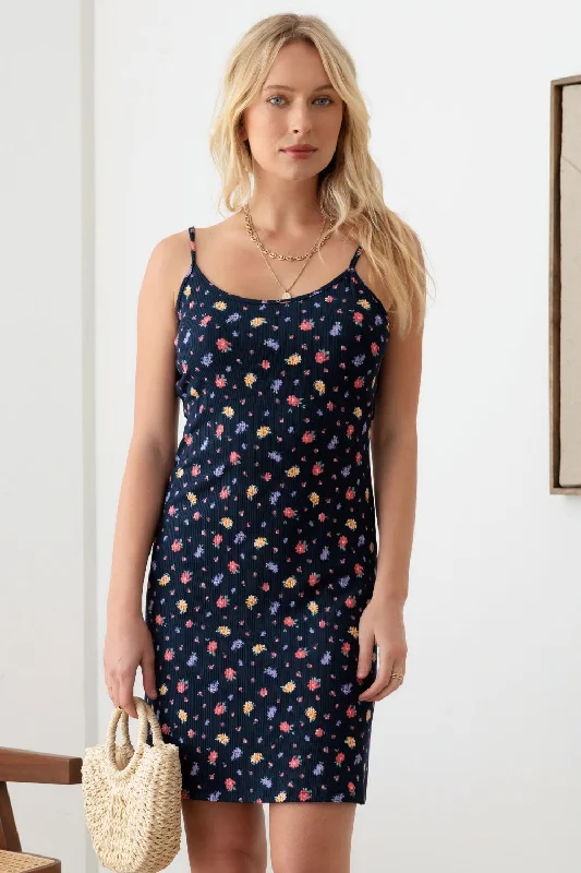 GILLI Floral Ribbed Tie-Back Cami Mini Dress Casual V-Neck Mini Dress