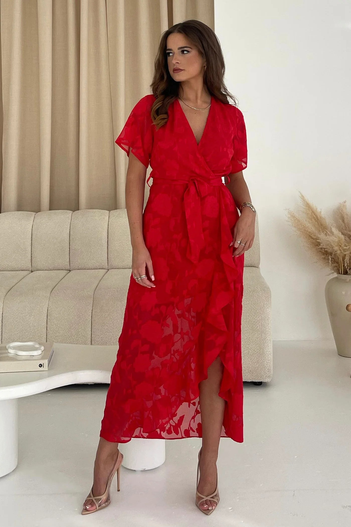 Girl In Mind Farren Wrap Hem Frill Detail Red Midi Dress Fashionable Off-Shoulder Dress Midi