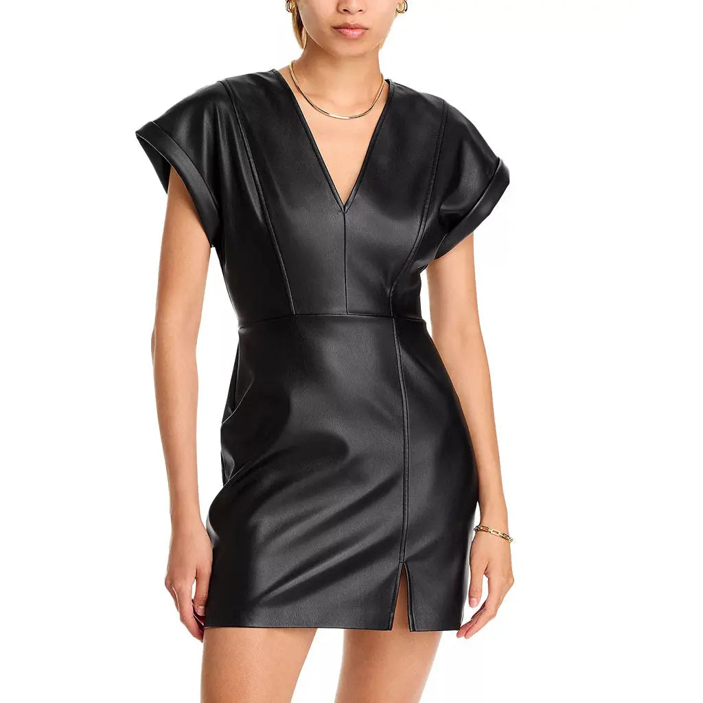 Handmade V-neck Faux Leather Mini Dress Comfortable Fit-and-Flare Mini Dress