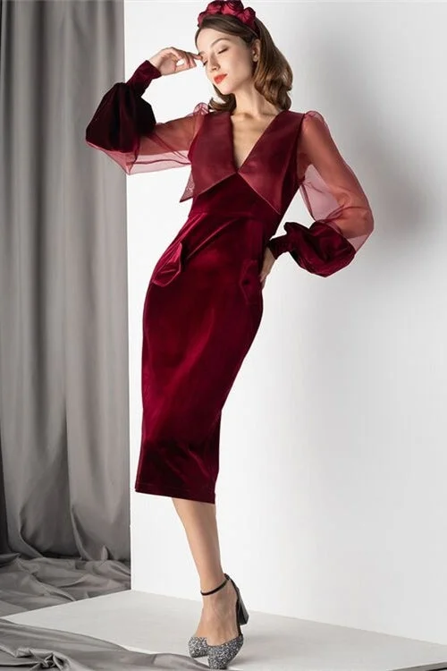 Illusion Long Sleeves Burgundy Velvet Midi Dress Elegant Faux Wrap Midi Dress