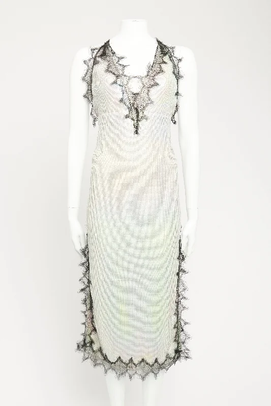 Iridescent Chainmail Preowned Eyelash Lace Midi Dress Elegant Pleated Sleeve Midi Dress