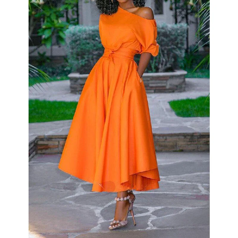 One Sholder Empire Midi Dresses Trendy Ruffled Sleeve Midi Dress