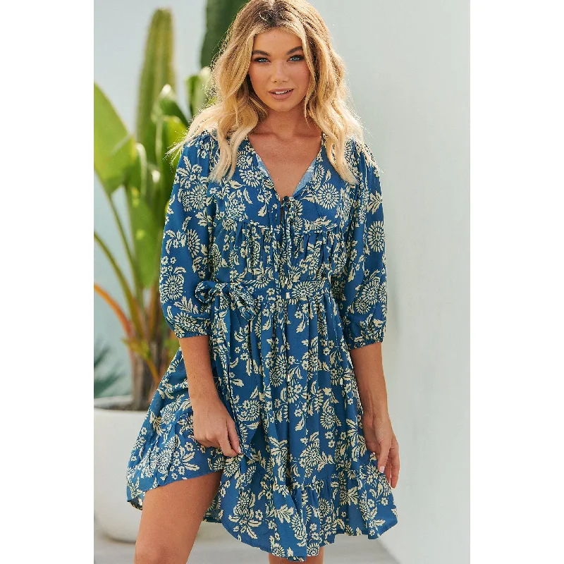 JAASE Day Dream Sea Print French Mini Dress Trendy Button-Detail Mini Dress